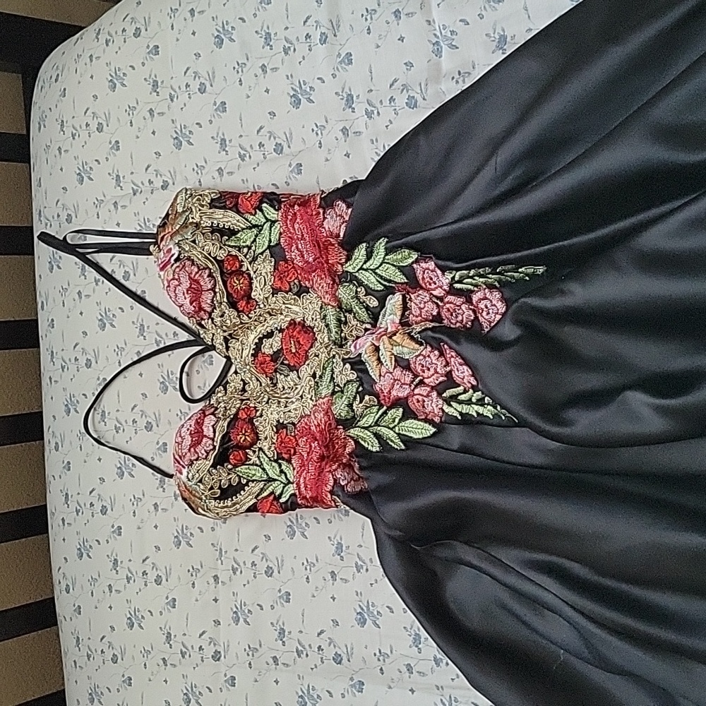 Black and Gold Floral A-line Prom Dress Ball Gown